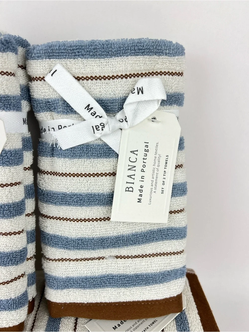 Bianca Bath Towel Set Blue Cream Brown Striped Soft Cotton Portugal 6 Pc NEW